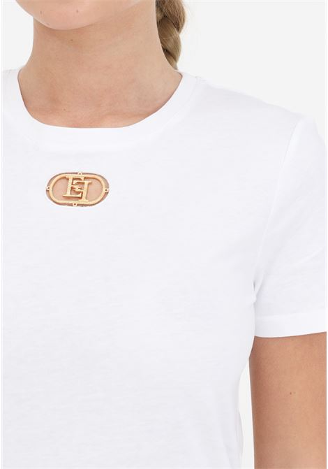 White women's t-shirt with golden logo plaque detail ELISABETTA FRANCHI | MA52N41E2270